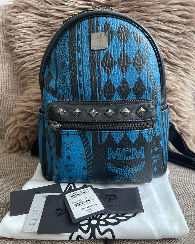 Preloved Authentic MCM Stark Backpack in Blue Black Visetos