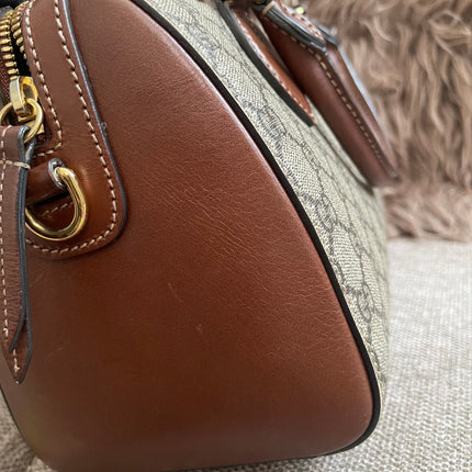 Peloved Authentic Gucci GG Supreme Duffle/Boston Mini – Tan Leather Trim with Strap