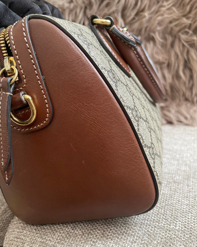 Peloved Authentic Gucci GG Supreme Duffle/Boston Mini – Tan Leather Trim with Strap