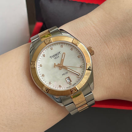 Preloved Authentic Tissot PR 100 Ladies Watch - Two-Tone, Pearlescent Dial and Diamond Markers
