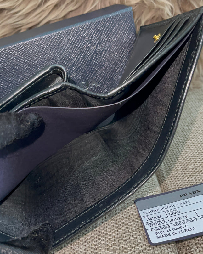 Preloved Authentic Prada Vitello Move Triangle Logo Trifold Wallet – Black