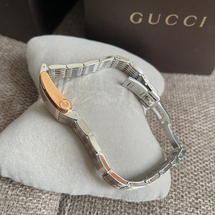 Preloved Authentic Gucci 8600L Ladies Watch — Two-Tone Rose Gold & Silver GG Dial