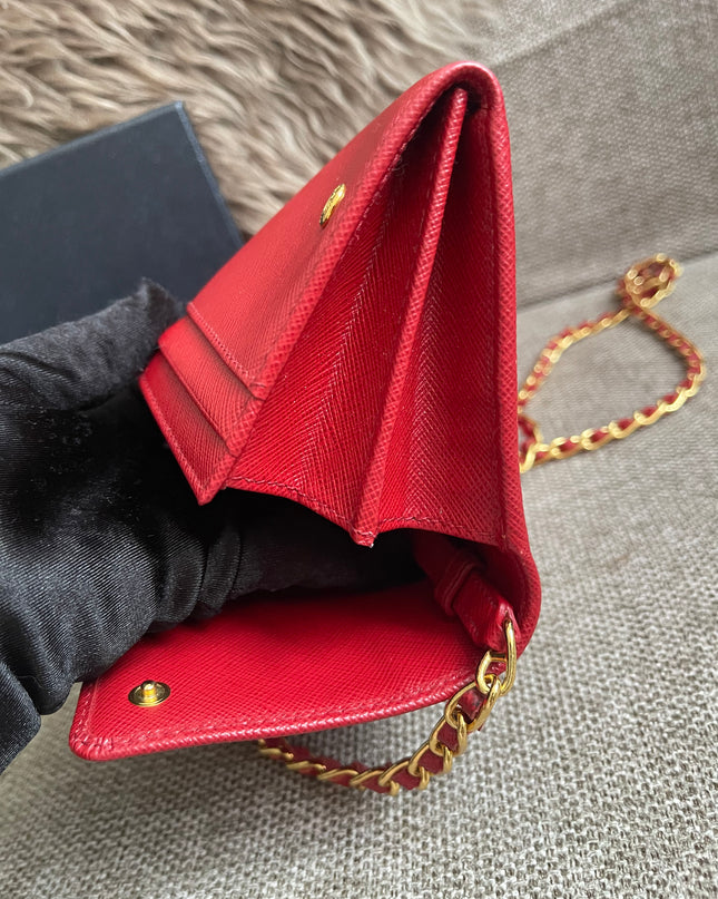 Preloved Authentic Prada Saffiano Metal Wallet on Chain in Fuoco Red