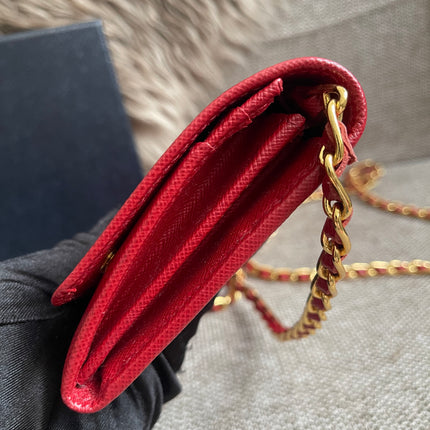 Preloved Authentic Prada Saffiano Metal Wallet on Chain in Fuoco Red