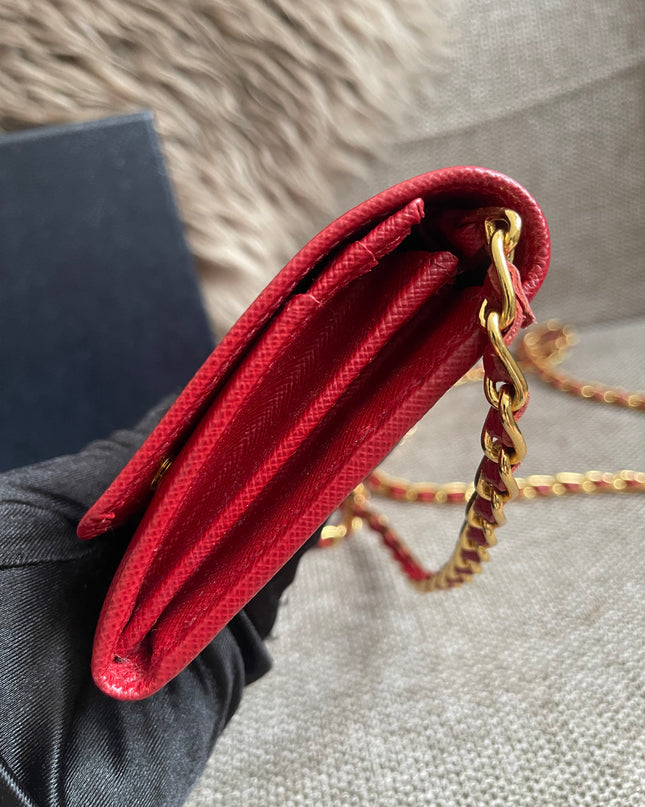 Preloved Authentic Prada Saffiano Metal Wallet on Chain in Fuoco Red