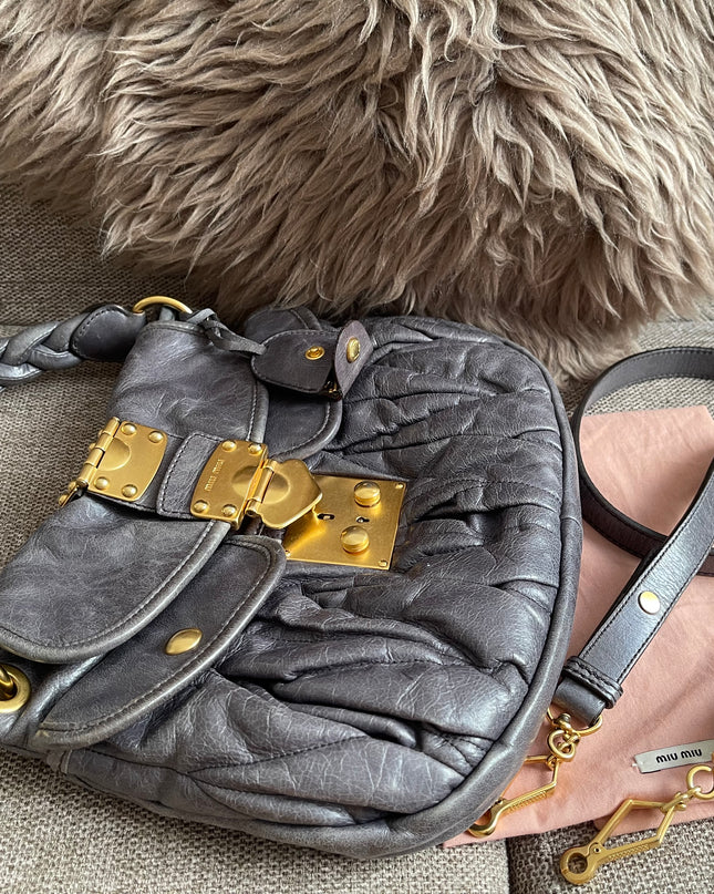 Preloved Authentic Miu Miu Coffer Bag – Slate Blue Distressed Leather