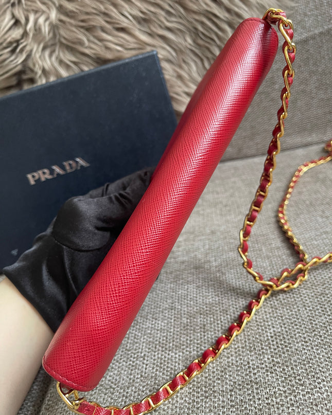 Preloved Authentic Prada Saffiano Metal Wallet on Chain in Fuoco Red