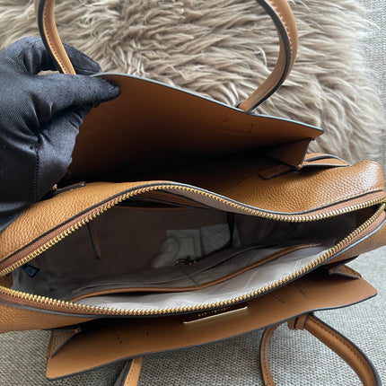 Preloved Authentic Michael Kors Mercer Tote Satchel – Vanilla Monogram Canvas with Brown Leather Trim