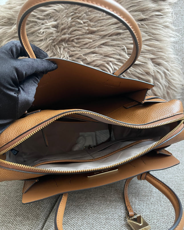 Preloved Authentic Michael Kors Mercer Tote Satchel – Vanilla Monogram Canvas with Brown Leather Trim