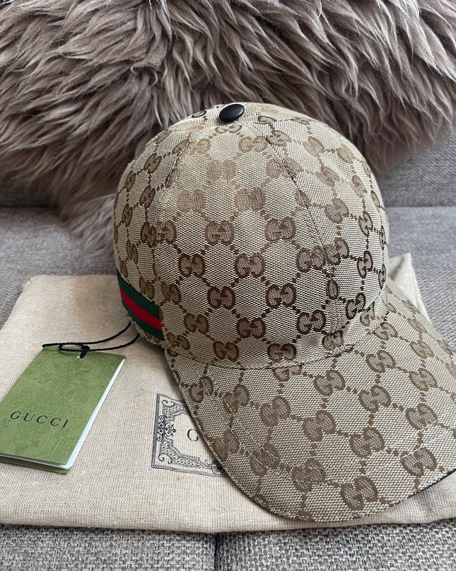 Preloved Authentic Gucci GG Canvas Baseball Cap with Web Stripe — Beige/Brown Monogram