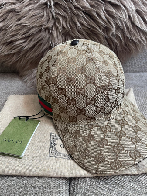 Preloved Authentic Gucci GG Canvas Baseball Cap with Web Stripe — Beige/Brown Monogram