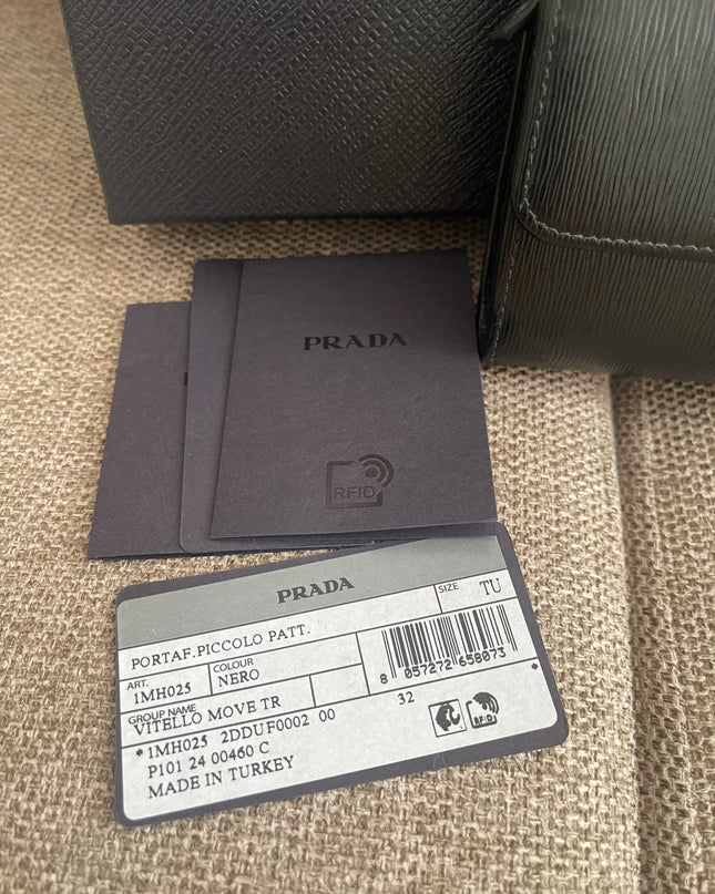 Preloved Authentic Prada Vitello Move Triangle Logo Trifold Wallet – Black