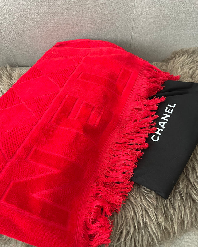 Preloved Authentic Chanel Red Terry Cloth Beach Bag and Towel Set