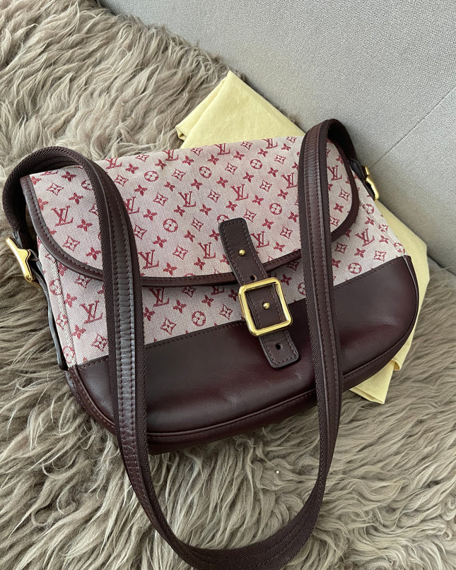 Preloved Authentic Louis Vuitton Monogram Mini Lin Marjorie shoulder bag in burgundy cloth with leather trim