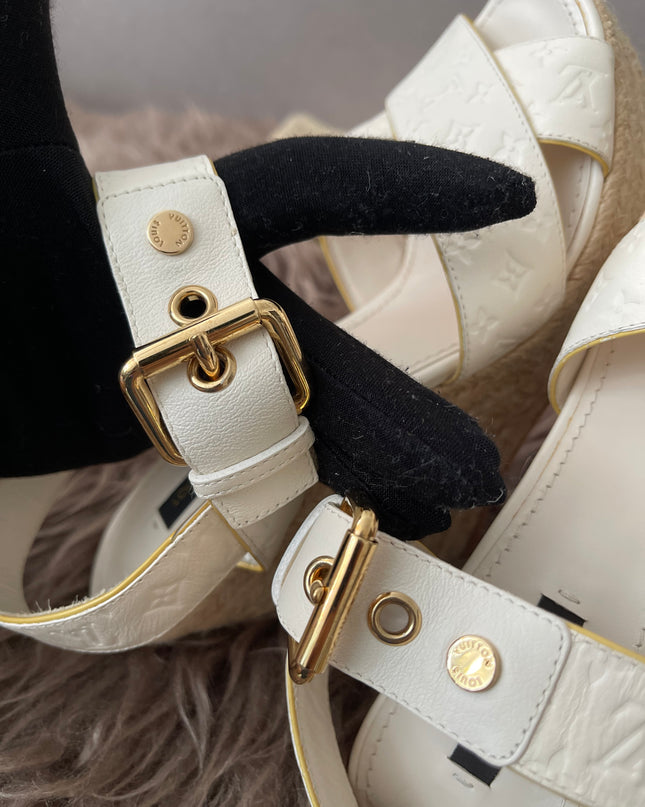 Preloved Authentic Louis Vuitton White Monogram Wedge Sandals in 36.5