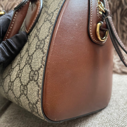 Peloved Authentic Gucci GG Supreme Duffle/Boston Mini – Tan Leather Trim with Strap