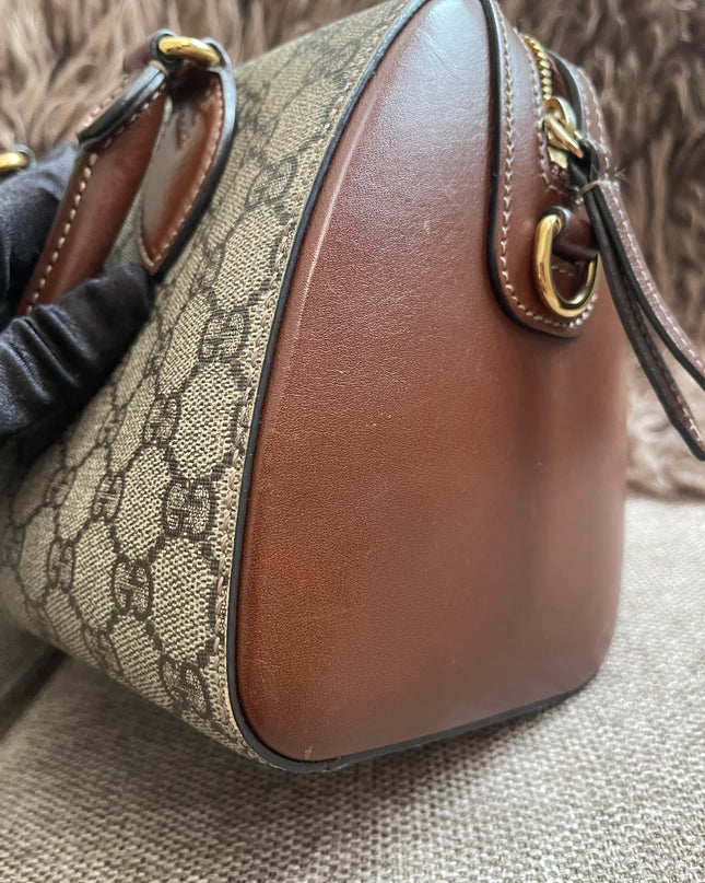 Peloved Authentic Gucci GG Supreme Duffle/Boston Mini – Tan Leather Trim with Strap