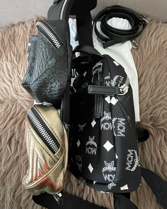 Preloved Authentic MCM Trey Mixed Media Triple-Pouch Convertible Sling