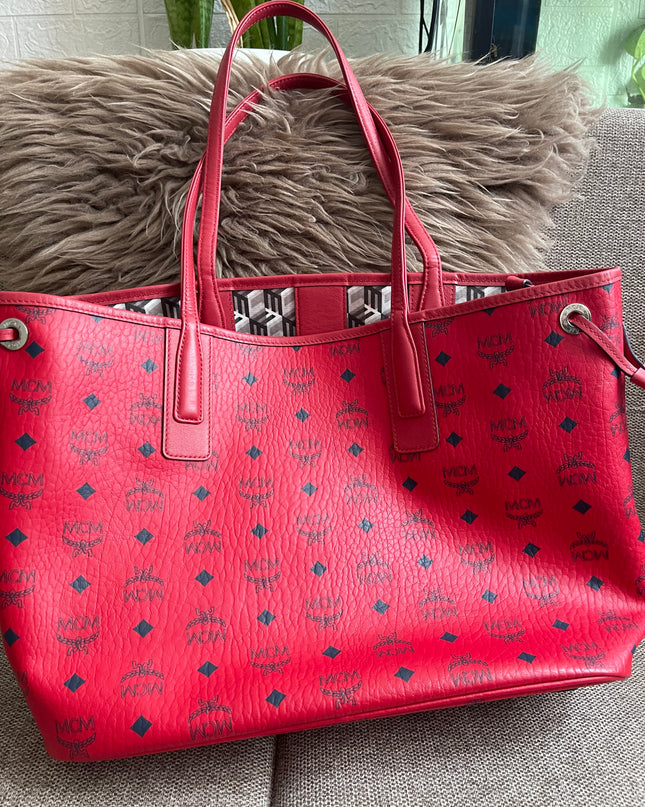 Preloved Authentic MCM Visetos Reversible Liz Shopper Tote – Ruby Red