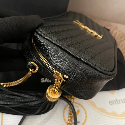 Preloved Authentic Saint Laurent Mini Lou Camera Bag in black quilted leather with gold-tone hardware