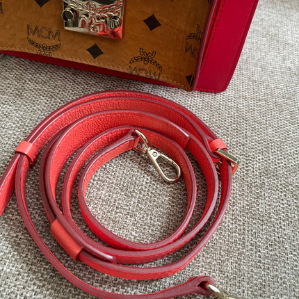 Preloved Authentic MCM Patricia Top Handle Bag – Fiesta Red with Cognac Visetos Panel