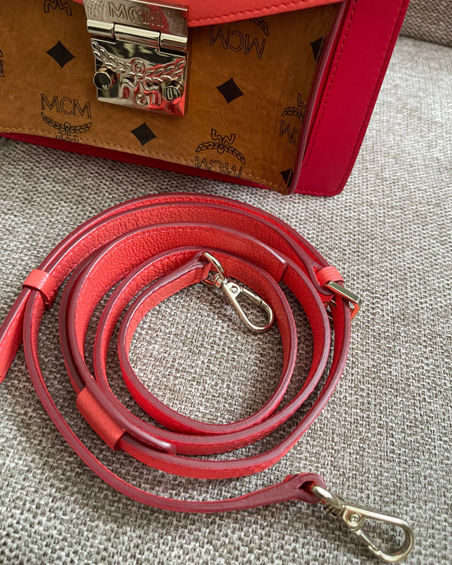 Preloved Authentic MCM Patricia Top Handle Bag – Fiesta Red with Cognac Visetos Panel