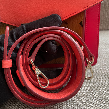 Preloved Authentic MCM Patricia Top Handle Bag – Fiesta Red with Cognac Visetos Panel
