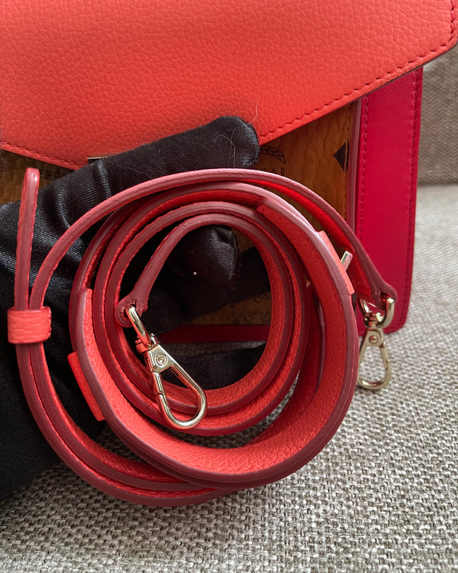 Preloved Authentic MCM Patricia Top Handle Bag – Fiesta Red with Cognac Visetos Panel