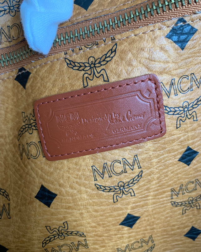 MCM Cognac Visetos Coated Canvas Medium Heritage Top Zip Shopper Tote