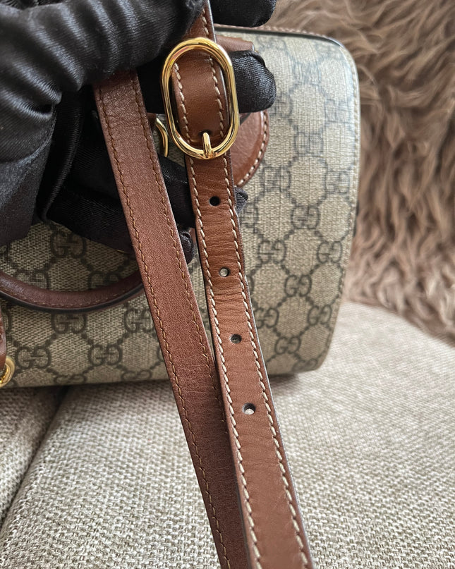 Peloved Authentic Gucci GG Supreme Duffle/Boston Mini – Tan Leather Trim with Strap