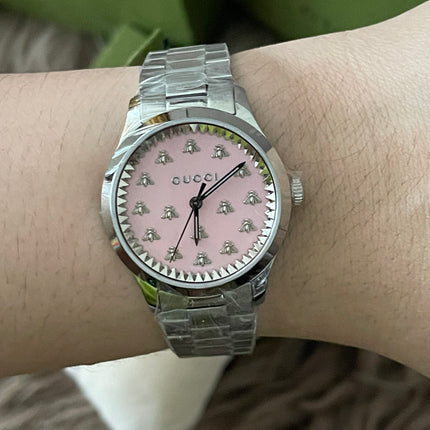 Preloved Authentic Gucci G-Timeless ladies watch pink dial with bee motifs