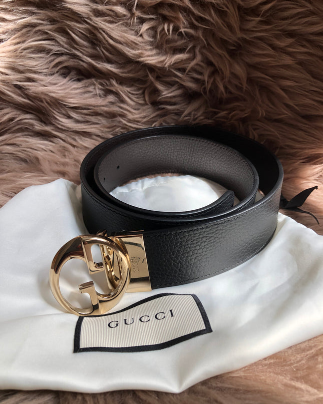 Preloved Gucci Black/Brown Leather Reversible GG Dollar Belt 90CM