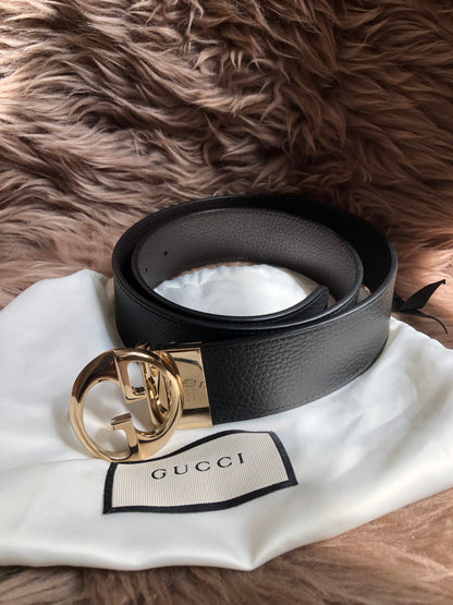 Preloved Gucci Black/Brown Leather Reversible GG Dollar Belt 90CM