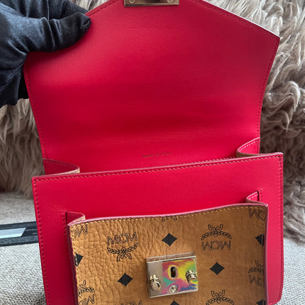Preloved Authentic MCM Patricia Top Handle Bag – Fiesta Red with Cognac Visetos Panel