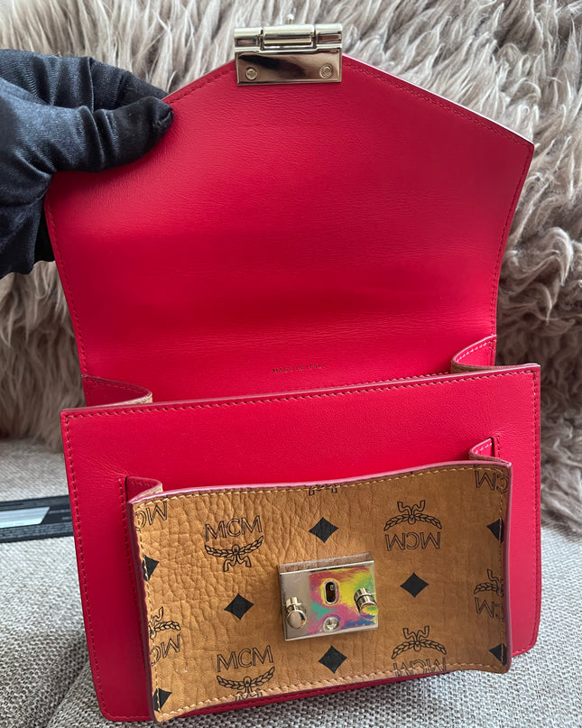 Preloved Authentic MCM Patricia Top Handle Bag – Fiesta Red with Cognac Visetos Panel