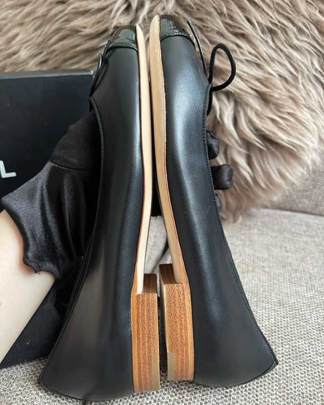 Preloved Authentic Chanel Ballet Flats — Black Lambskin & Patent Cap Toe (Size 35½)