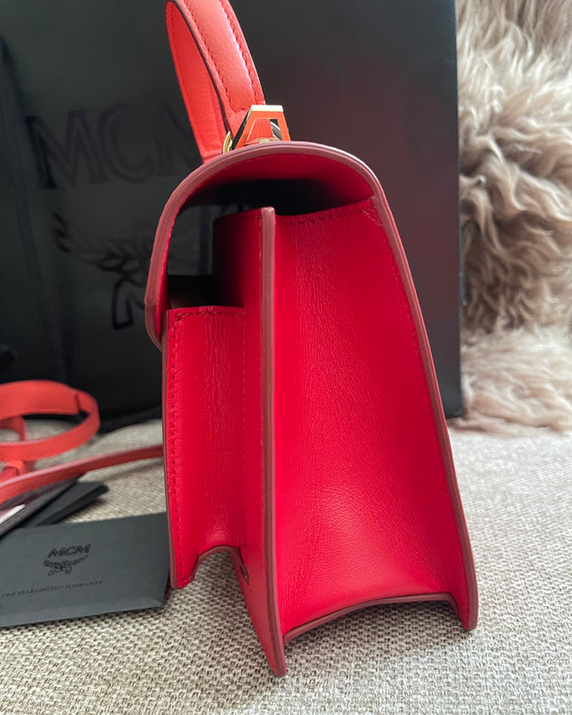 Preloved Authentic MCM Patricia Top Handle Bag – Fiesta Red with Cognac Visetos Panel