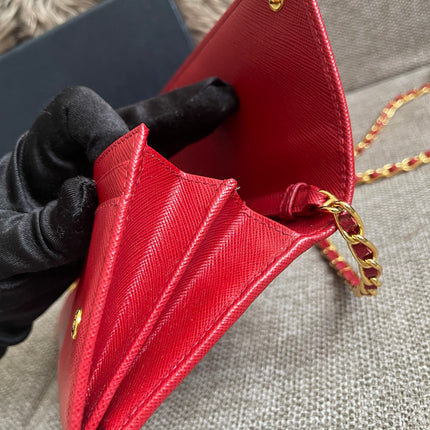 Preloved Authentic Prada Saffiano Metal Wallet on Chain in Fuoco Red