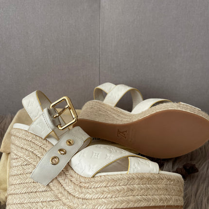 Preloved Authentic Louis Vuitton White Monogram Wedge Sandals in 36.5
