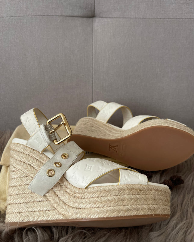 Preloved Authentic Louis Vuitton White Monogram Wedge Sandals in 36.5