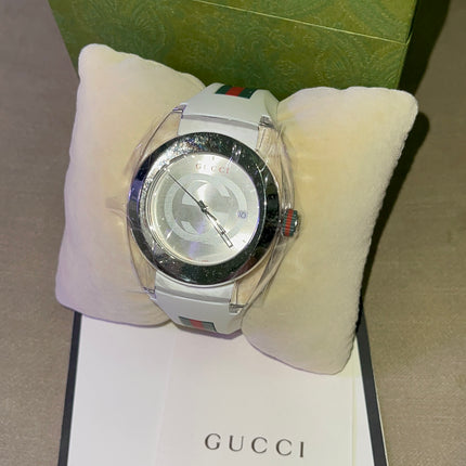 Preloved Authentic Gucci SYNC Watch - White Strap, Green and Red Web Stripe