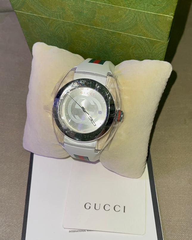 Preloved Authentic Gucci SYNC Watch - White Strap, Green and Red Web Stripe