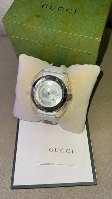Preloved Authentic Gucci SYNC Watch - White Strap, Green and Red Web Stripe