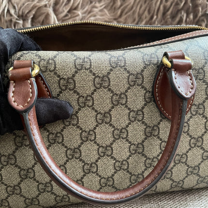 Peloved Authentic Gucci GG Supreme Duffle/Boston Mini – Tan Leather Trim with Strap