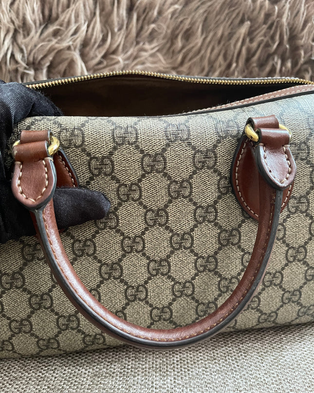 Peloved Authentic Gucci GG Supreme Duffle/Boston Mini – Tan Leather Trim with Strap