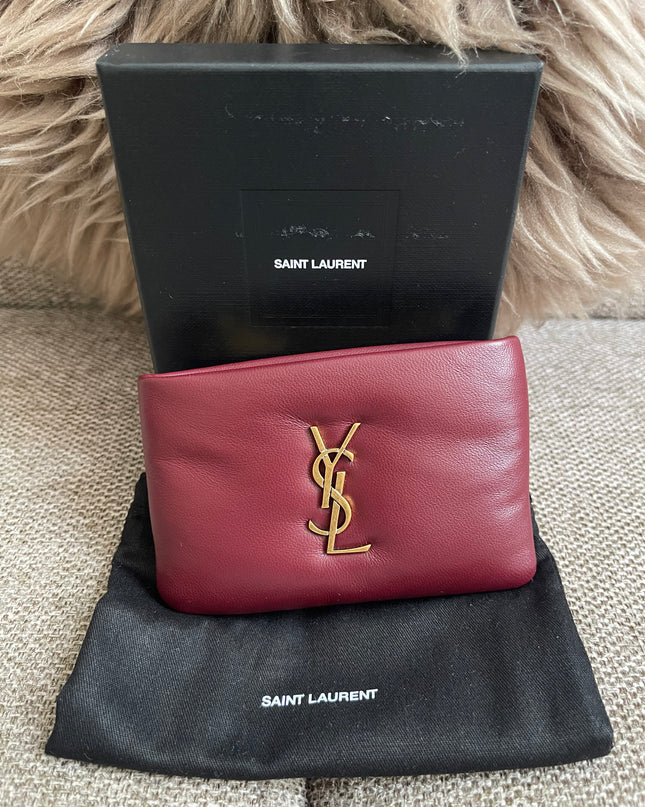 Preloved Authentic Saint Laurent Monogram Zipped Card Case — Burgundy