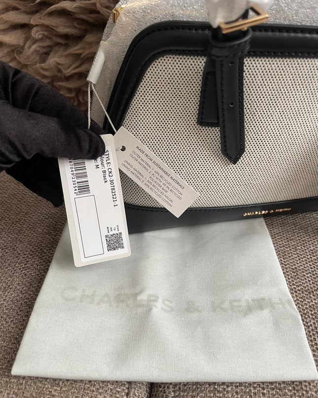 Preloved Authentic Charles & Keith Structured Boston Bag in Black White Mesh