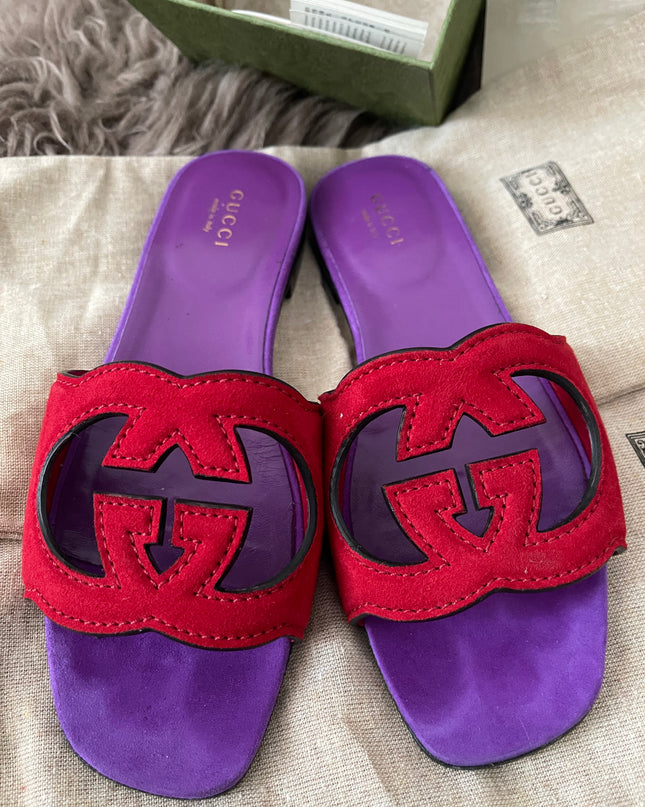 Preloved Authentic Gucci Women's Red Suede Cut-out Interlocking G Sandals SZ 36