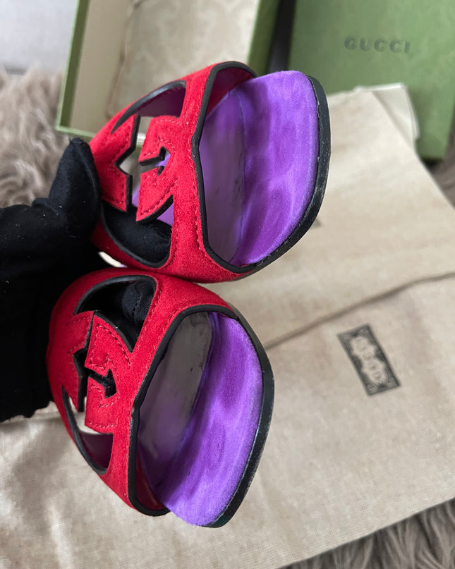 Preloved Authentic Gucci Women's Red Suede Cut-out Interlocking G Sandals SZ 36