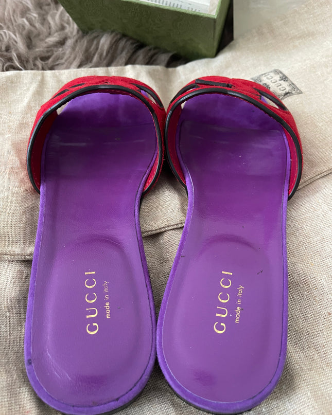 Preloved Authentic Gucci Women's Red Suede Cut-out Interlocking G Sandals SZ 36